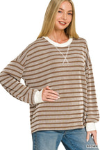 Raised Rib Striped Round Neck Pullover