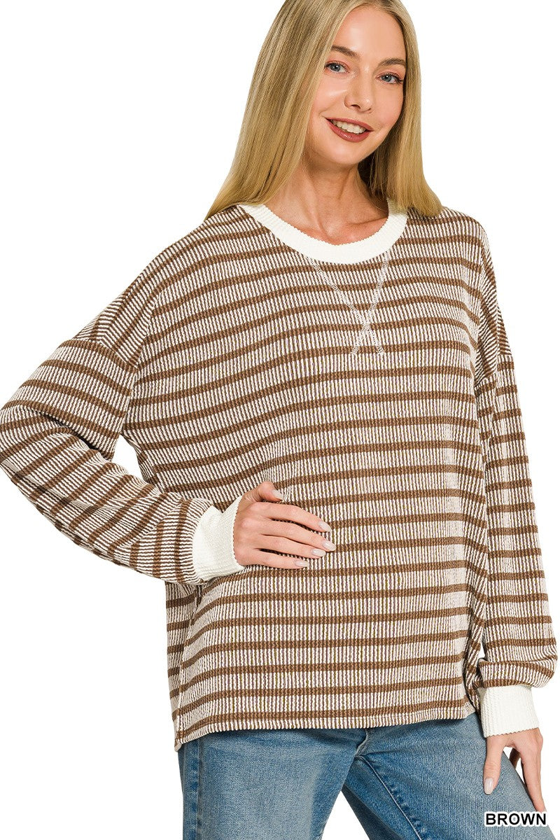 Raised Rib Striped Round Neck Pullover