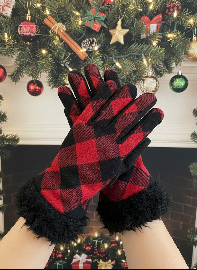Black & Red Buffalo Check Gloves