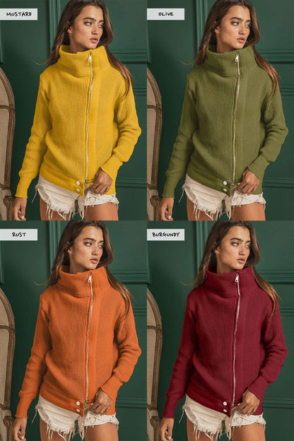 Front Zip Up High Neckline Sweater Jacket