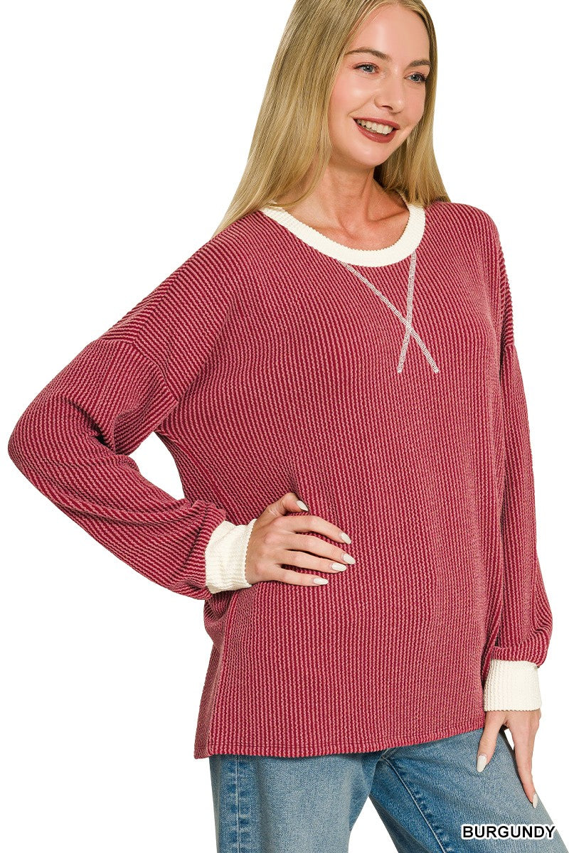 Raised Rib Round Neck Pullover