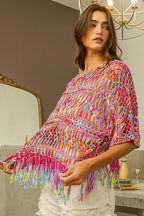 Burnt Orange MULTI COLORS OPEN KNIT FRINGED COVER UP
