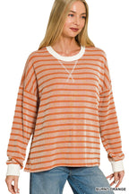 Raised Rib Striped Round Neck Pullover