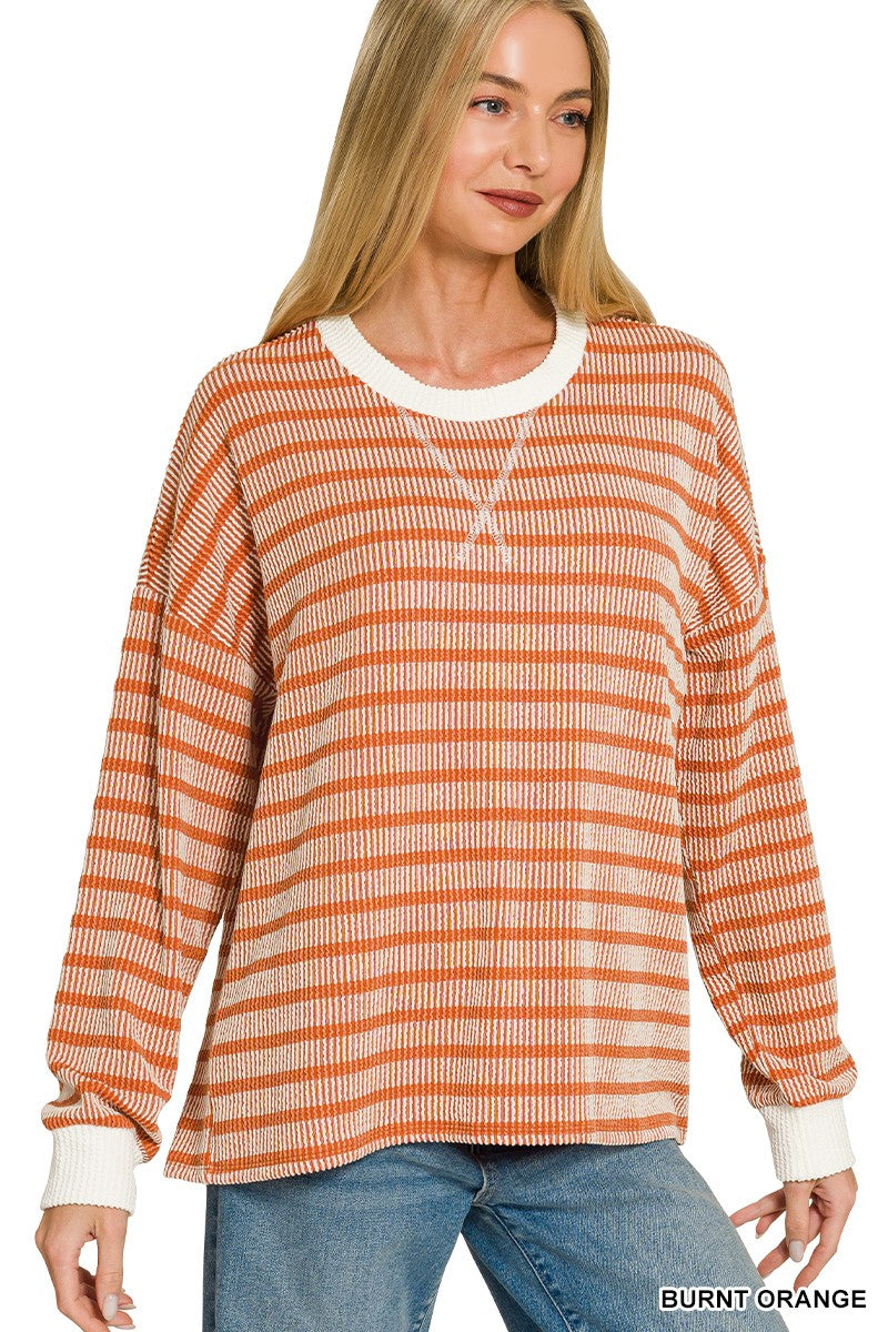 Raised Rib Striped Round Neck Pullover