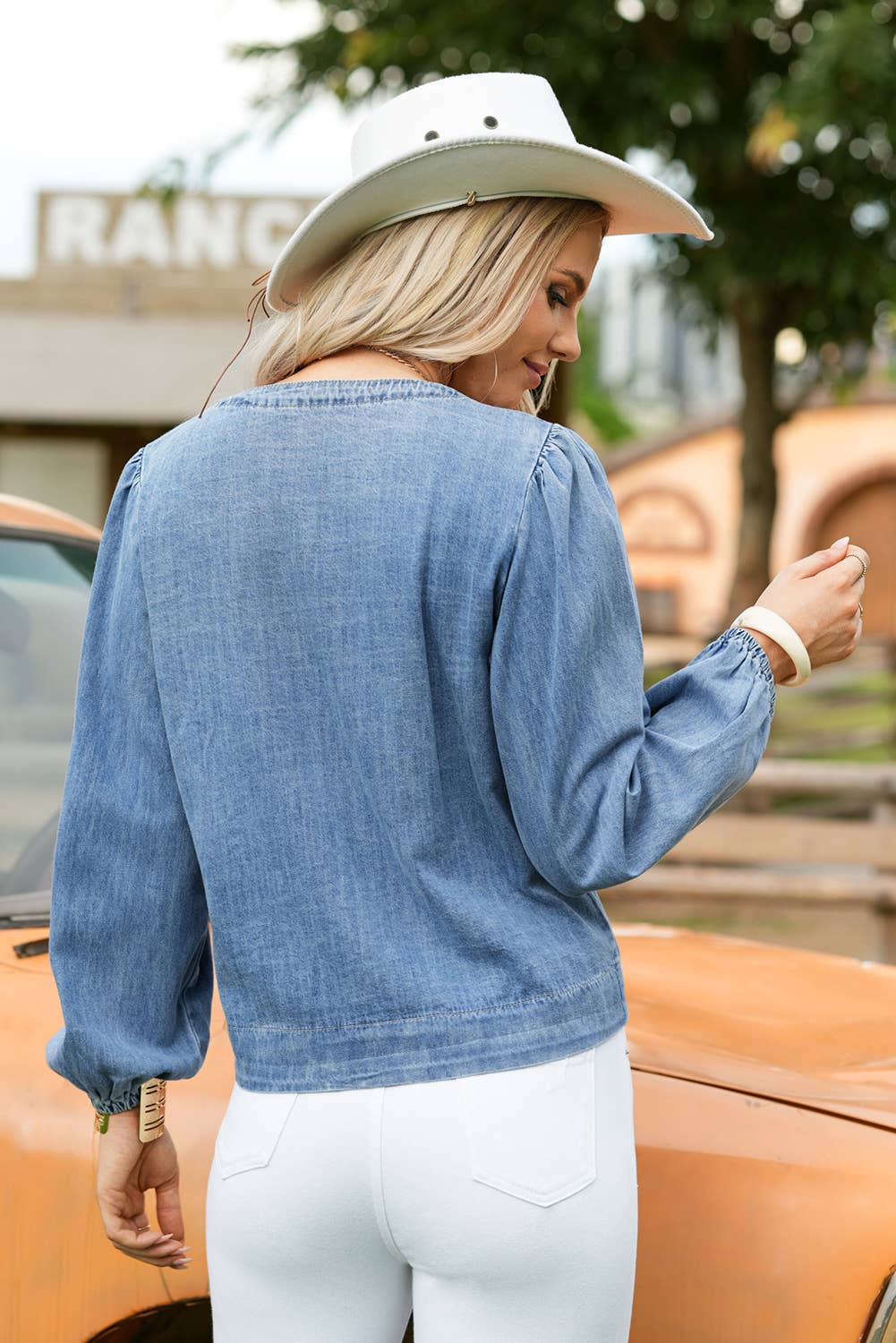 Tied Front Long Puff Sleeve Denim Top