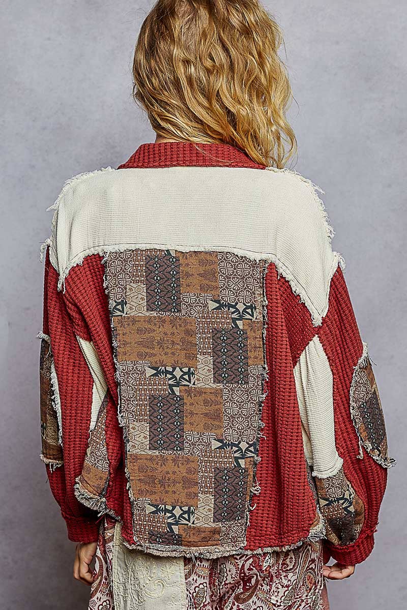 Pol Clothing - Balloon Sleeve Contrast Paisley Pattern Cropped Knit Jacket