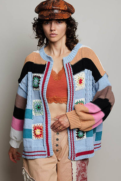 Pol Clothing - Handmade Patchwork Striped Chenille Sweater Open Cardigan