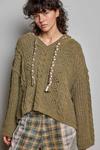 Pol Clothing - Oversize Fit V-neck Hooded Cable Knit Chenille Sweater SALE