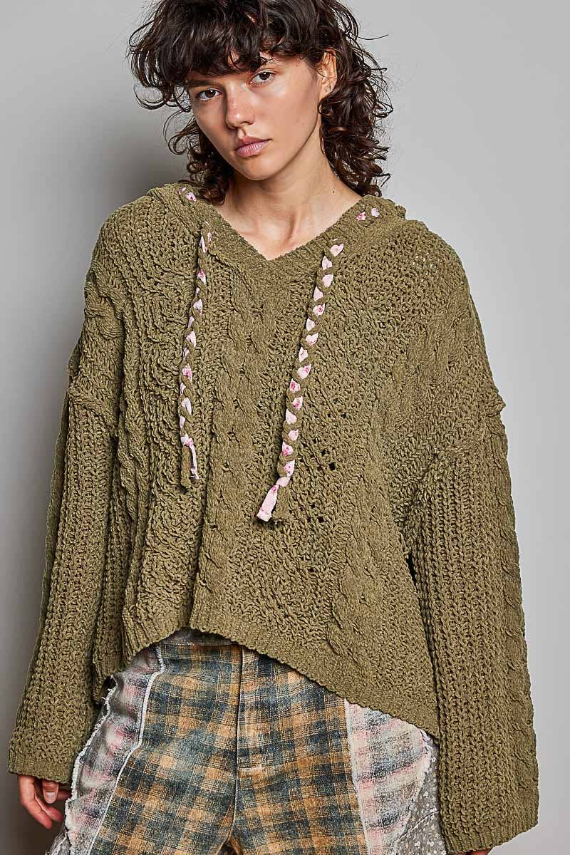 Pol Clothing - Oversize Fit V-neck Hooded Cable Knit Chenille Sweater SALE