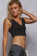 Pol Clothing - Lace Trim Ribbed V Neck Summer Sleeveless Crop Top