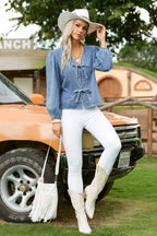 Tied Front Long Puff Sleeve Denim Top