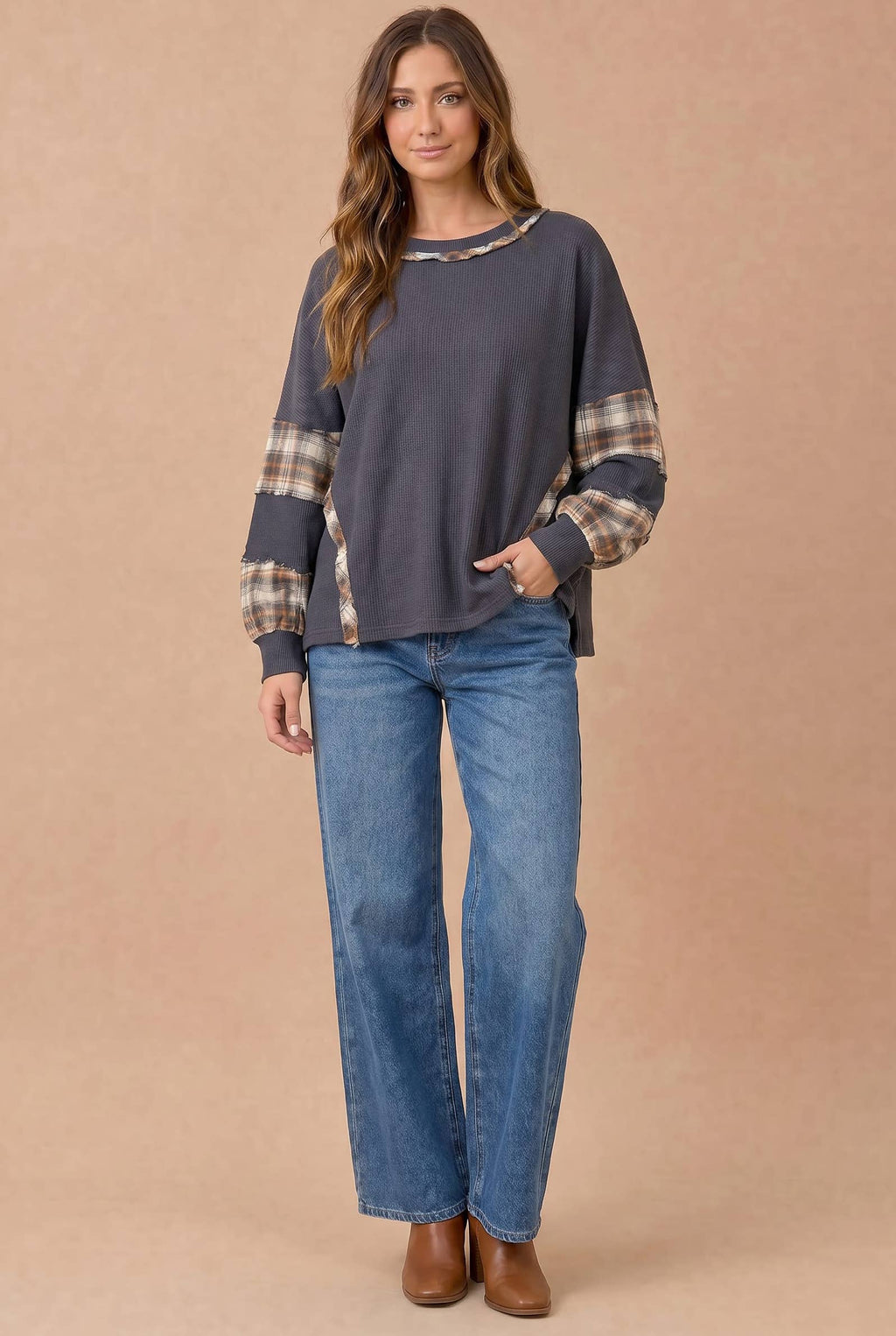 Haptics - Oversized Plaid Contrast Thermal Knit Top