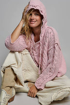 Pol Clothing - Oversize Fit V-neck Hooded Cable Knit Chenille Sweater SALE