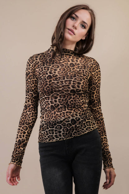 High Neck Fitted Sheer Mesh Lace Knit Top
