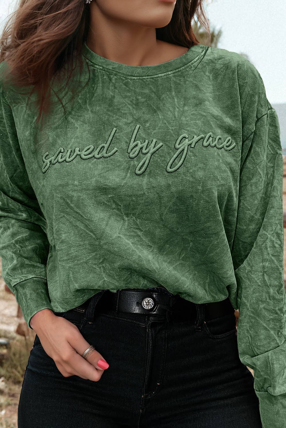 Saved By Grace Embroidery Mineral Wash Loose Sweatshirt