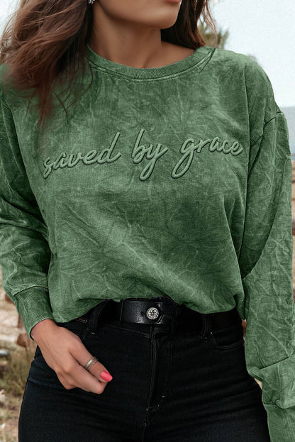 Saved By Grace Embroidery Mineral Wash Loose Sweatshirt