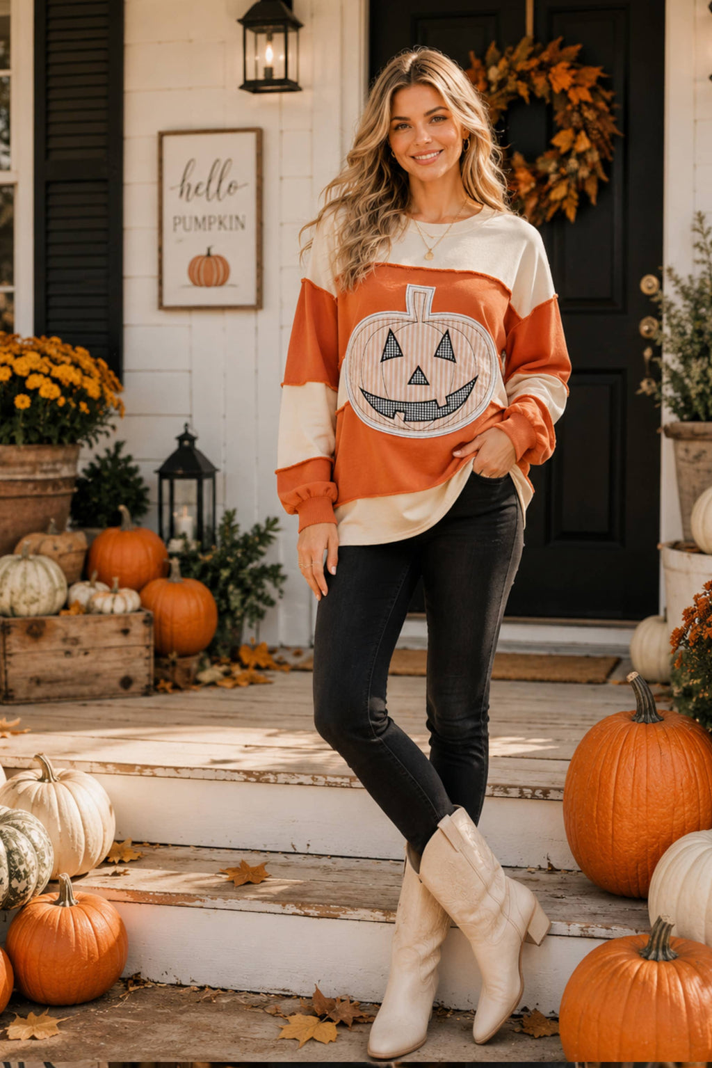 Main Strip - Pumpkin Appliqué Color Block Pullover