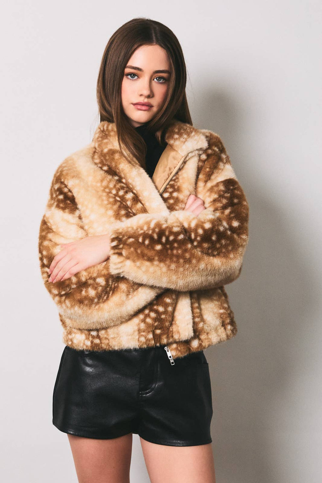 LE LIS - Faux Fur Deer Print Zip Jacket