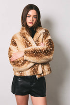 LE LIS - Faux Fur Deer Print Zip Jacket