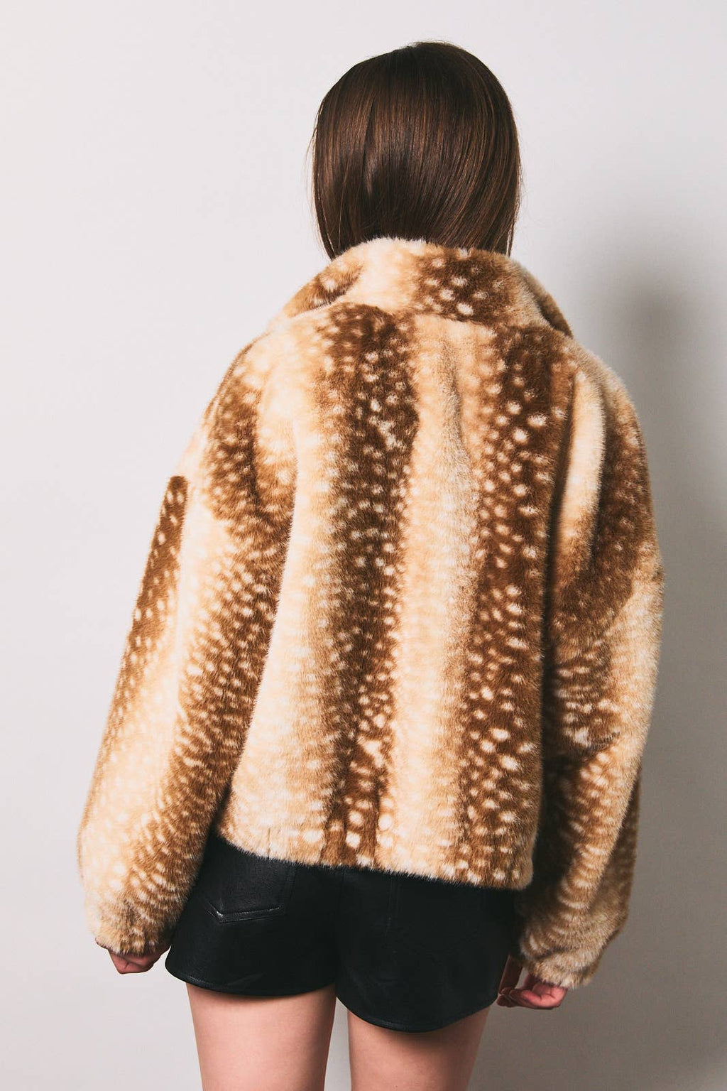 LE LIS - Faux Fur Deer Print Zip Jacket