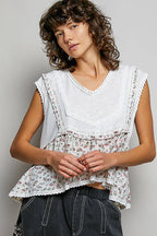 Pol Clothing - V-neck Floral Pattern Trim Ruffle Rib Knitted Sleeveless Top