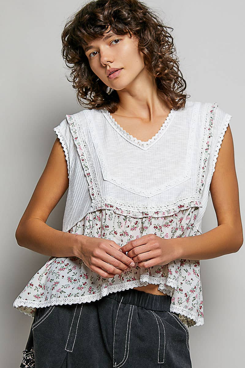 Pol Clothing - V-neck Floral Pattern Trim Ruffle Rib Knitted Sleeveless Top