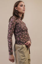High Neck Fitted Sheer Mesh Lace Knit Top