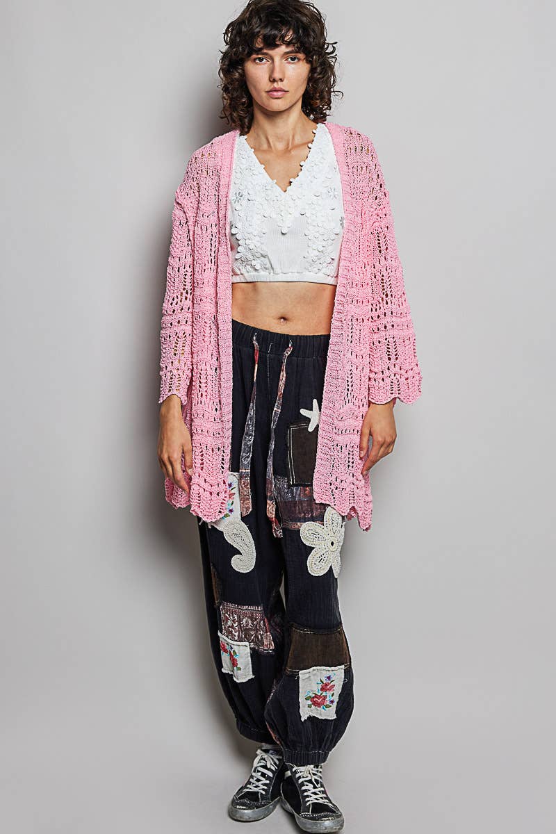 Pol Clothing - Weave Pattern Solid Thin Acrylic Sweater Open Cardigan SALE