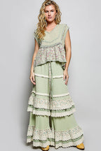 Pol Clothing - V-neck Floral Pattern Trim Ruffle Rib Knitted Sleeveless Top
