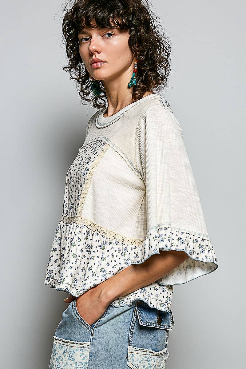 Pol Clothing - Round Neck Floral Patchwork Ruffle Hem 3/4 Sleeve Top