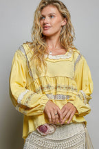Pol Clothing - Embroidery Lace Contrast Square Neck Long Sleeve top
