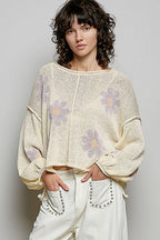Pol Clothing - Round Neck Balloon Sleeve Floral Print Thin Sweater