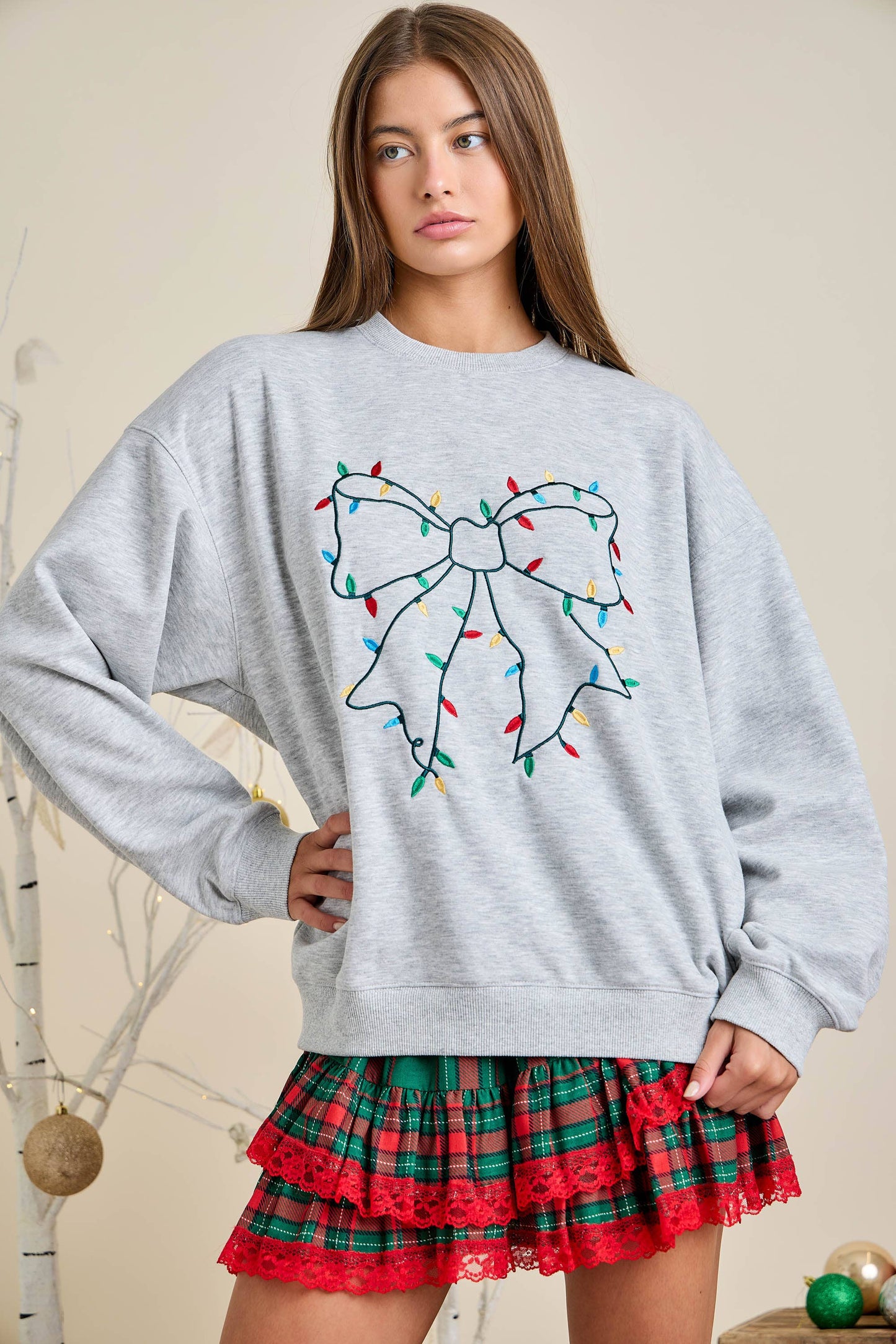 Grey Holiday Sweatshirt with Bow Christmas Lights embroidery