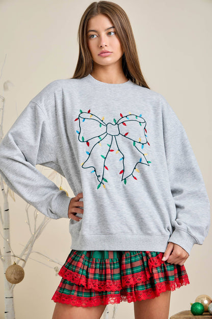 Grey Holiday Sweatshirt with Bow Christmas Lights embroidery