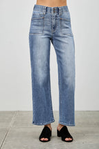 HIGH RISE CROP STRAIGHT WITH DOUBLE BUTTON SAIGE DENIM