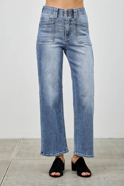 HIGH RISE CROP STRAIGHT WITH DOUBLE BUTTON SAIGE DENIM