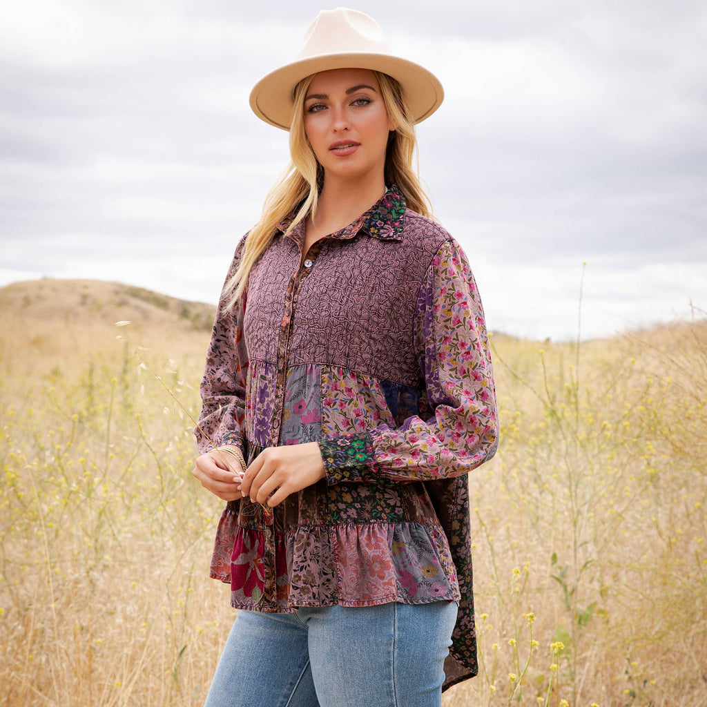 Young Threads - Vintage Floral Boho Ruffle Hem Button Down Tunic Top NEW