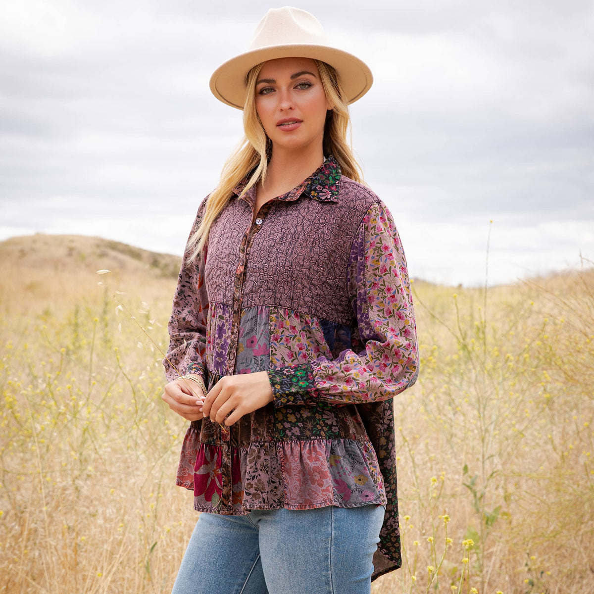 Young Threads - Vintage Floral Boho Ruffle Hem Button Down Tunic Top NEW