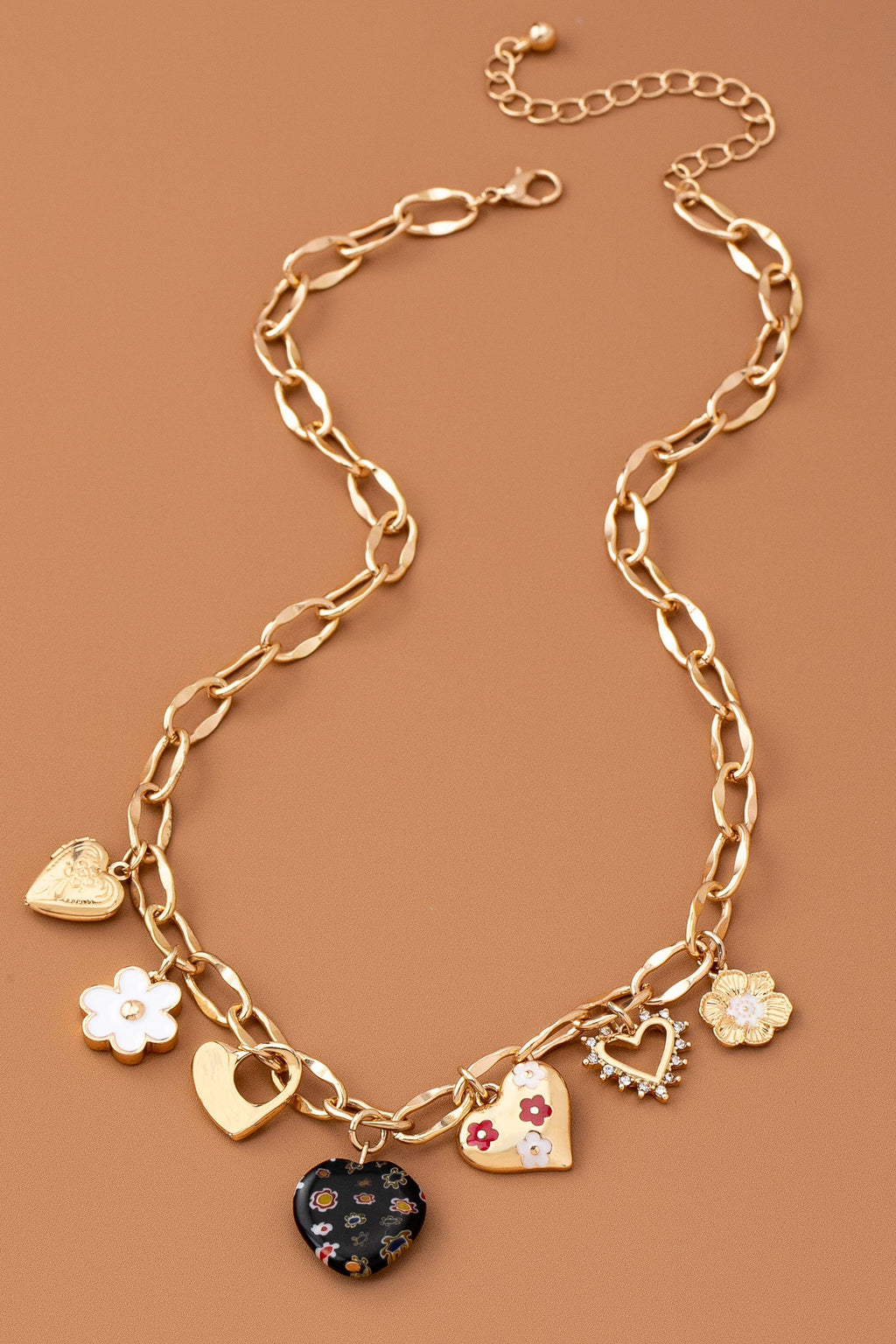 CHARM NECKLACE-HEARTS FLOWER  RHINESTONE