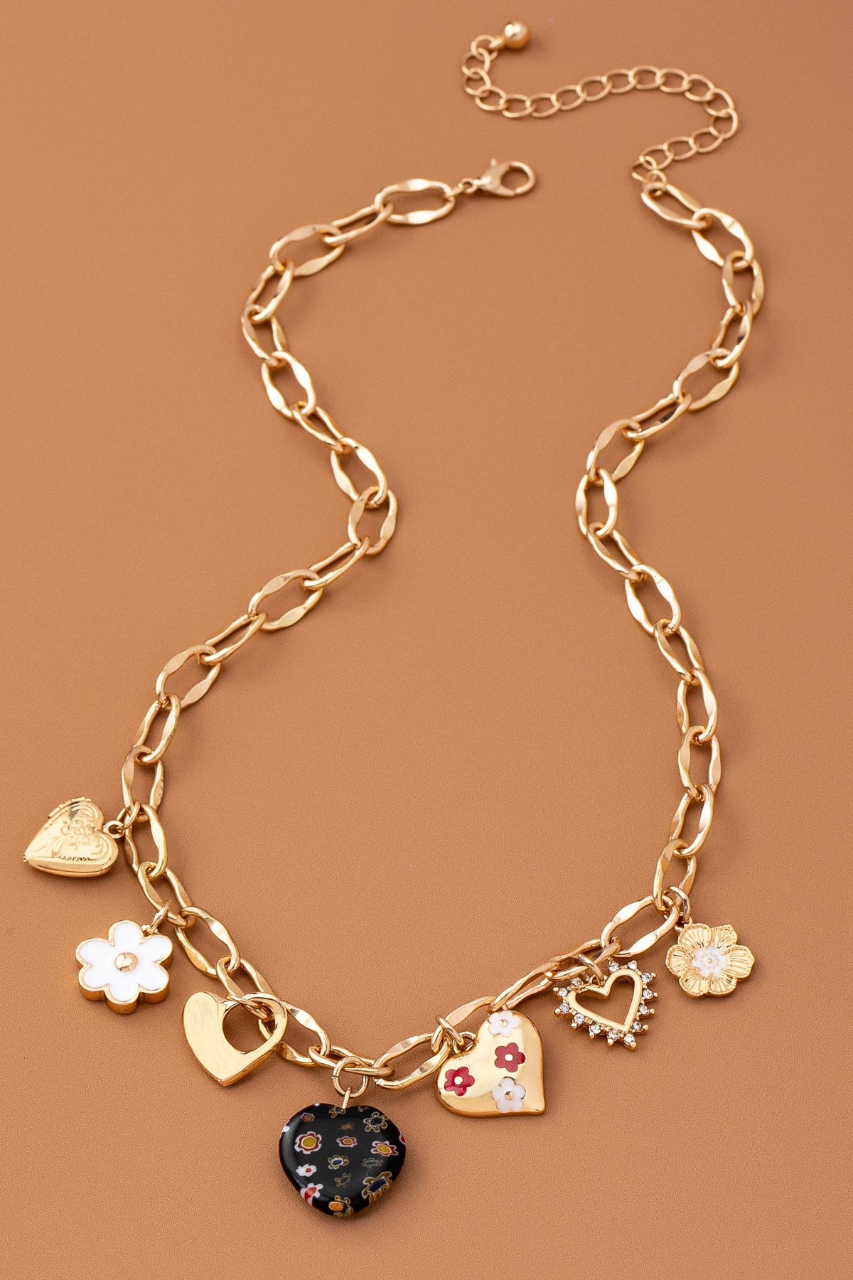CHARM NECKLACE-HEARTS FLOWER  RHINESTONE