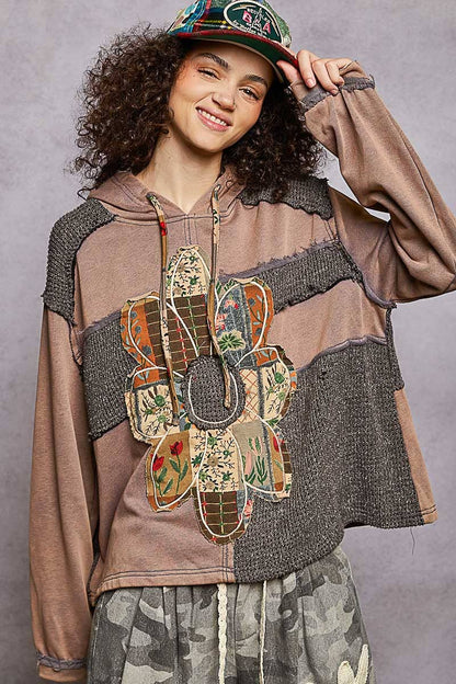 Pol Clothing - Long sleeve French terry printed flower patch knit top