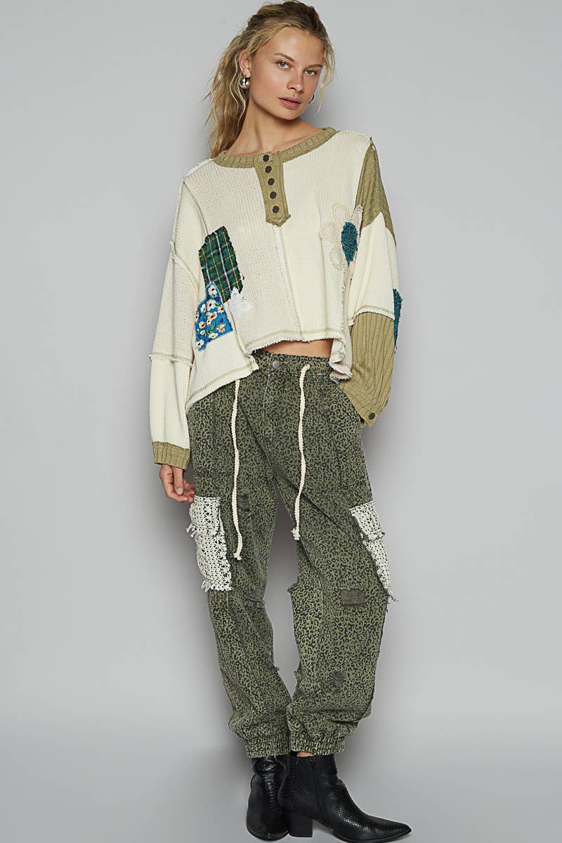 Pol Clothing - Round neck cut and sew patch oversized knit top
