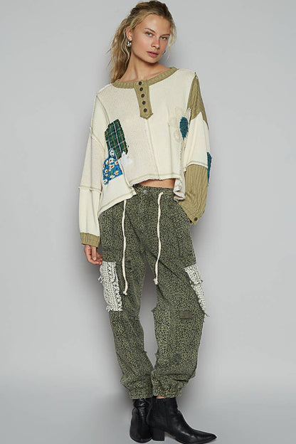 Pol Clothing - Round neck cut and sew patch oversized knit top