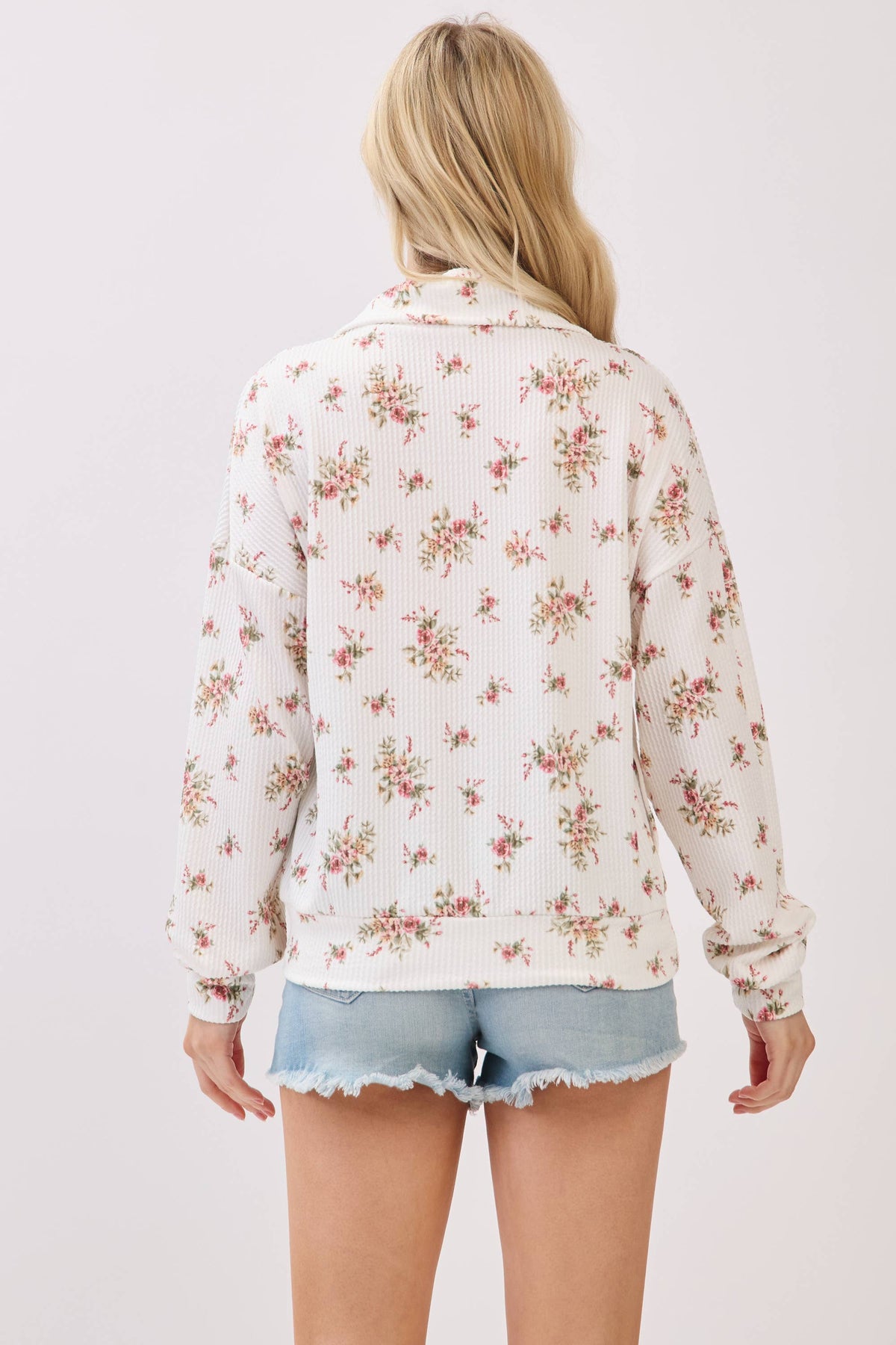 Floral Ribbed Quarter-Zip Pullover