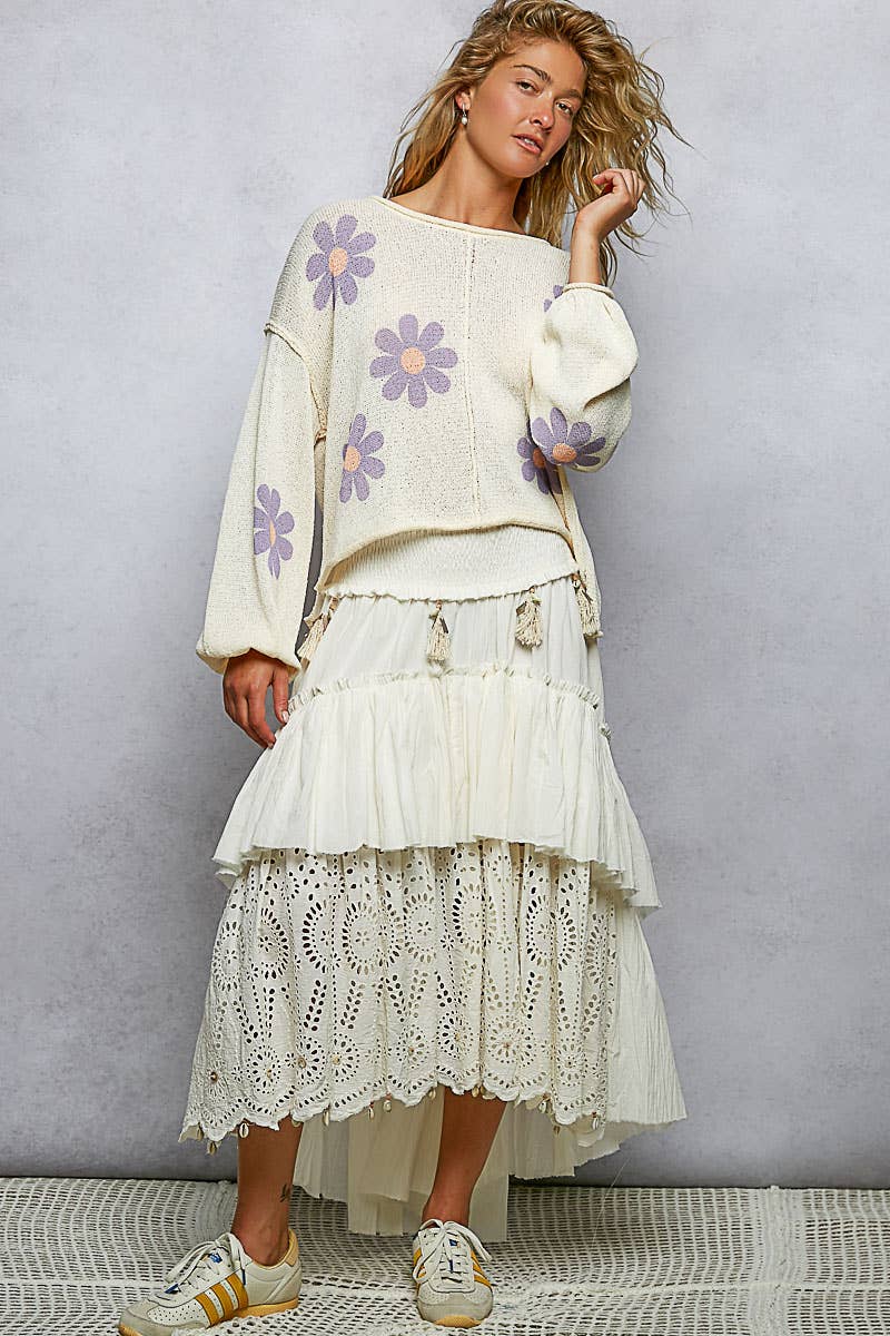 Pol Clothing - Round Neck Balloon Sleeve Floral Print Thin Sweater