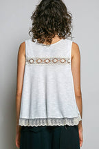 Pol Clothing - Metal Button Down Lace Trim Ruffle Round Neck Sleeveless