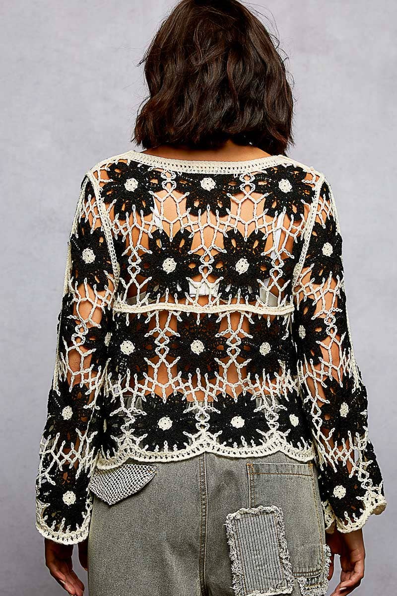 Pol Clothing - Round Neck Floral Weave Knit Long Sleeve Crochet Top