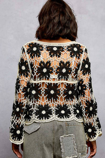 Pol Clothing - Round Neck Floral Weave Knit Long Sleeve Crochet Top