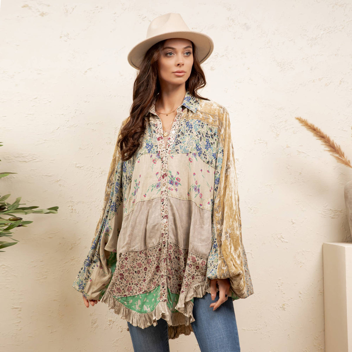 Young Threads - Vintage Mixed Print Patchwork Bat Sleeve Top -Ruffle Hem NEW