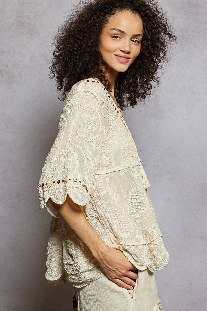 Pol Clothing - Short Sleeve Adjustable Drawstring Crochet V Neck Top